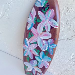 Plumeria flower girl Hand painted by Romy ..Mila wood surfboard wall hanging.